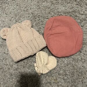 Cozy Knit Bear Ears Hat and Mittens Set - Pink and Cream- NWOT